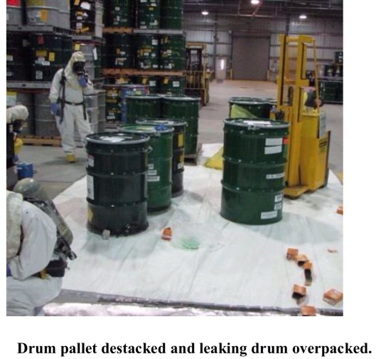 Nuclear Waste drum leak, protective gear, metal shed